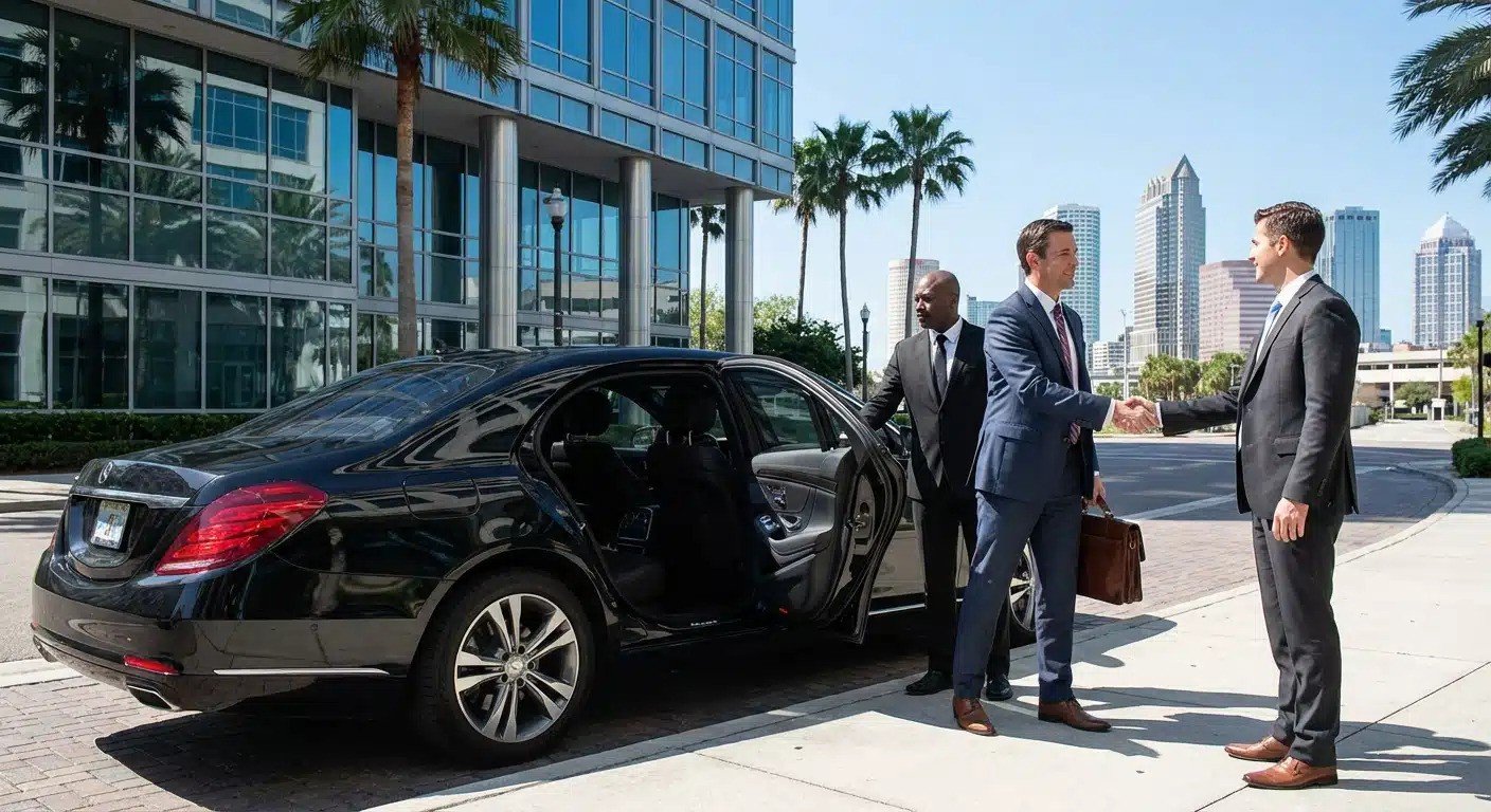 Port Everglades limo service with business professionals shaking hands next to chauffeur and luxury car
