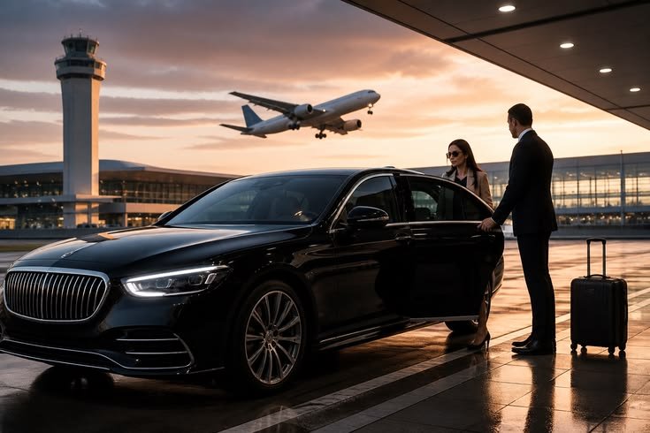 Miami Limo Service with professional chauffeur assisting passenger near luxury car at airport