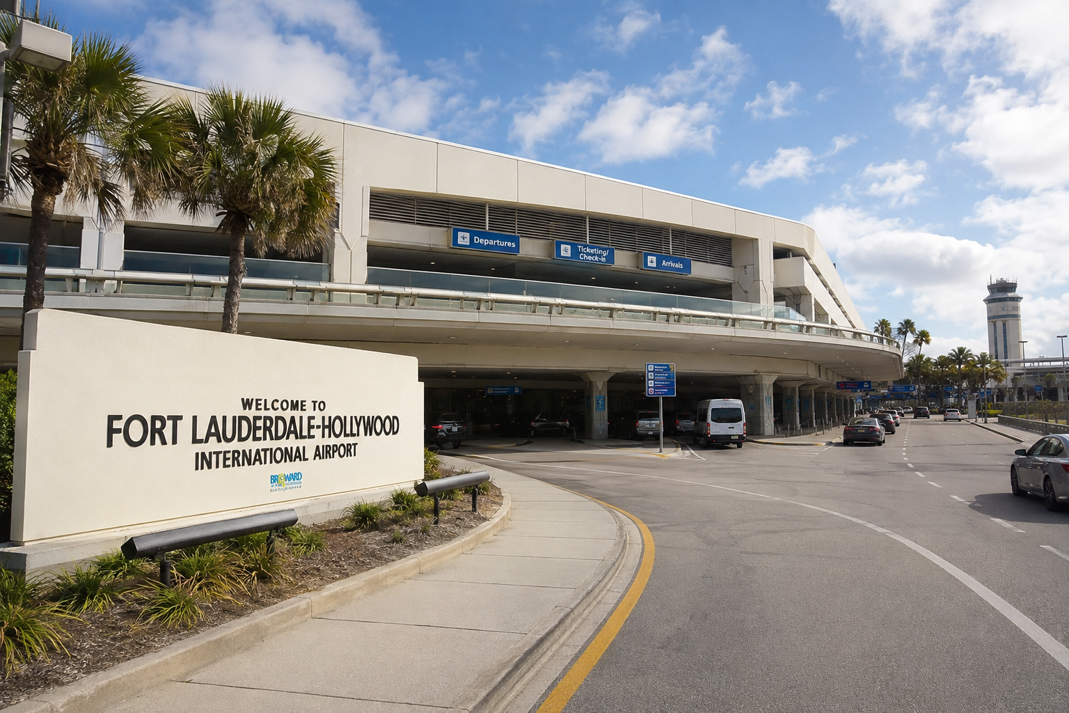 FLL airport car service with Welcome to Fort Lauderdale-Hollywood International Airport sign