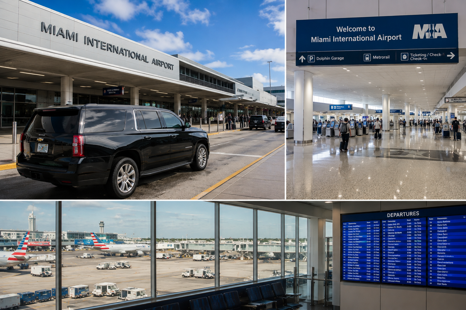 Miami Airport transportation with luxury SUV parked outside MIA terminal and airport interior views