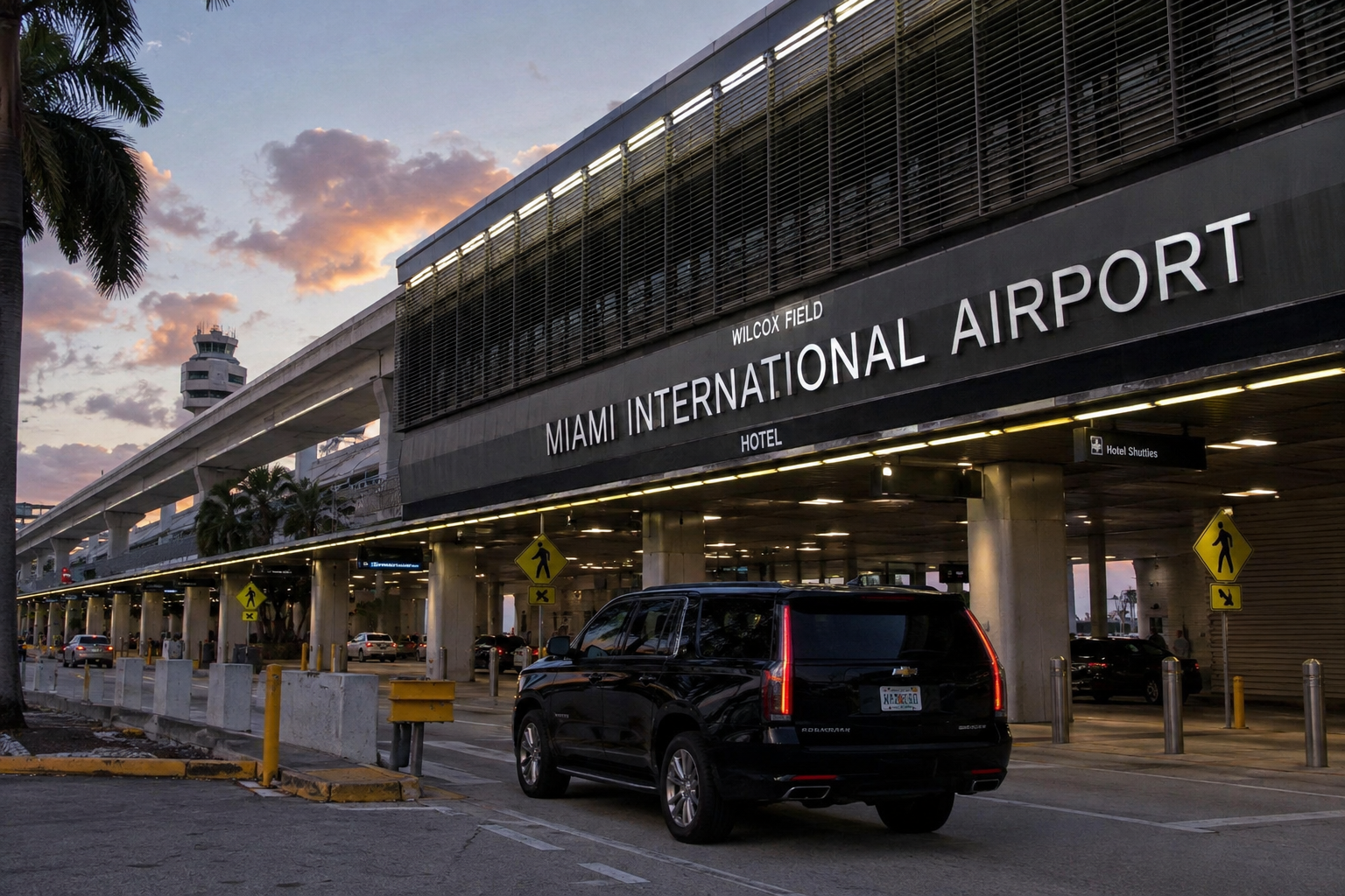 Miami Airport transportation with black luxury SUV at Miami International Airport terminal