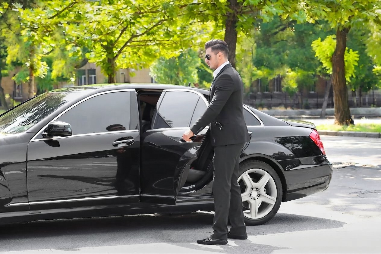 Plantation FL car service with professional chauffeur opening luxury sedan door