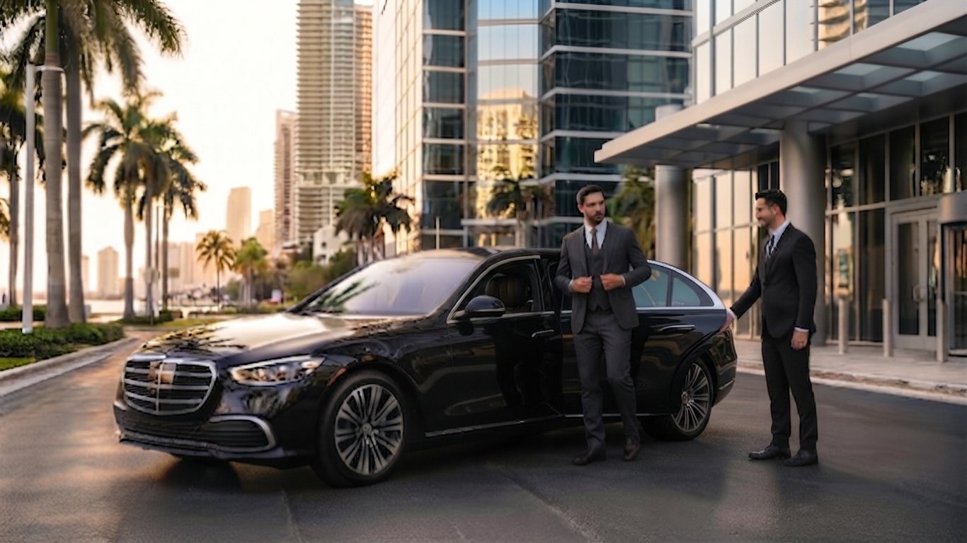Sunny Isles Beach car service with professional chauffeur and luxury sedan at a resort