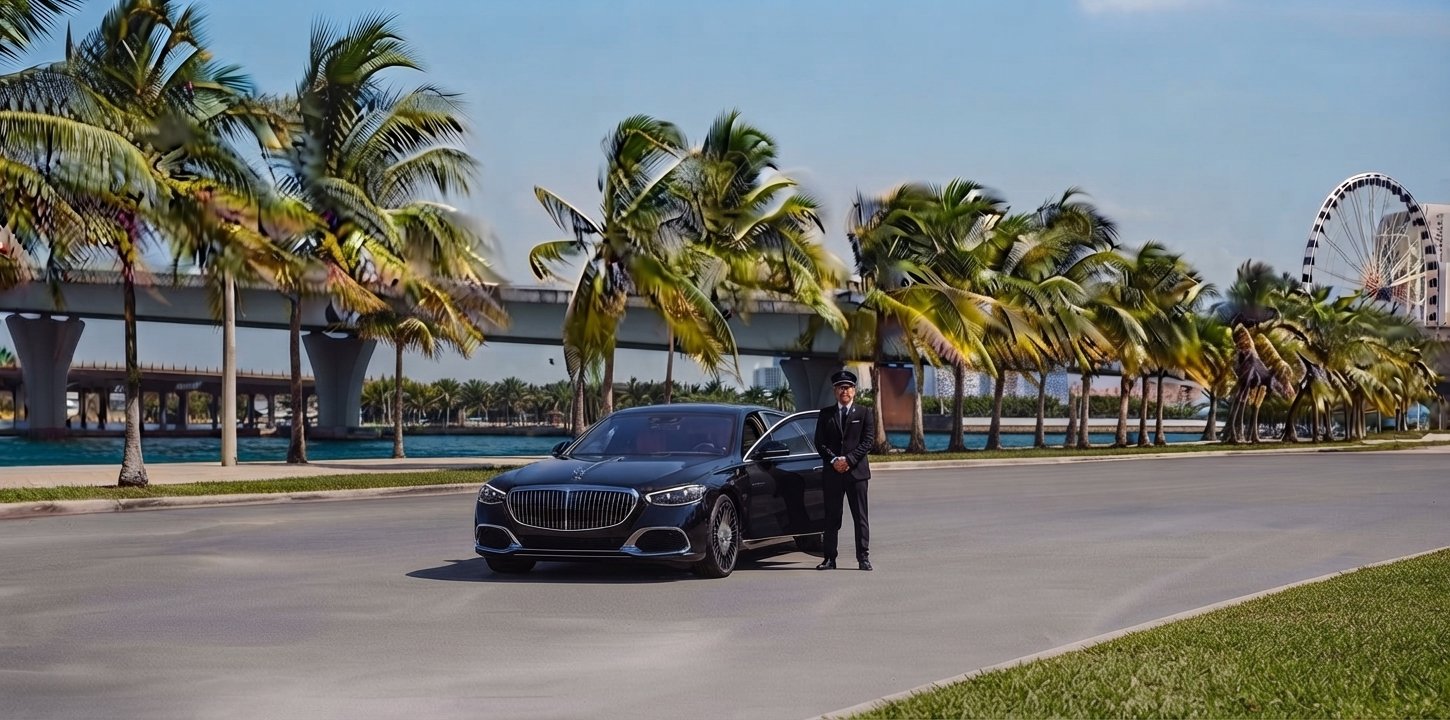 Limo Service Miami Beach with professional chauffeur and luxury car along palm-lined street