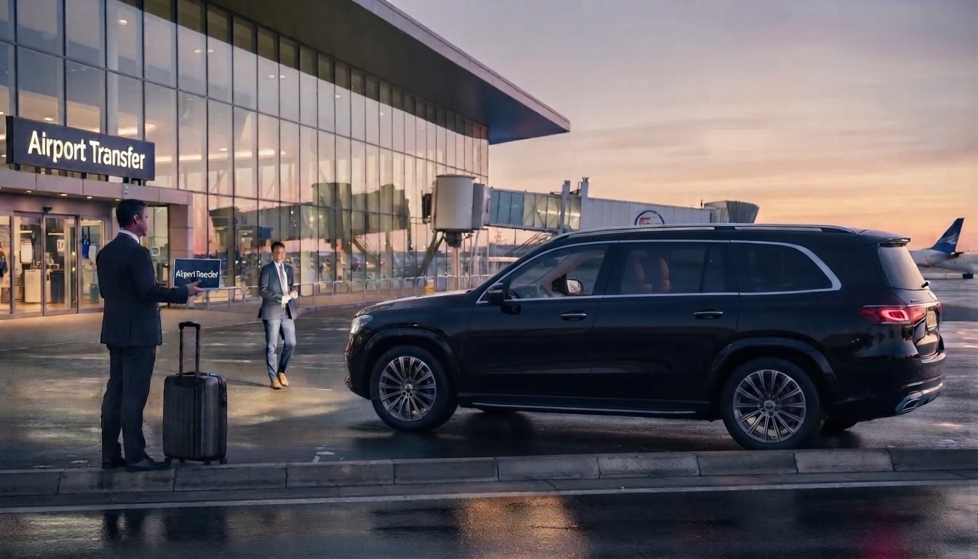 Airport limo service with a luxury SUV at the airport terminal