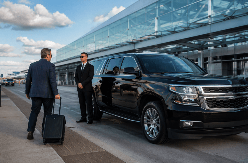 Pompano Beach car service with professional chauffeur and luxury SUV at airport terminal