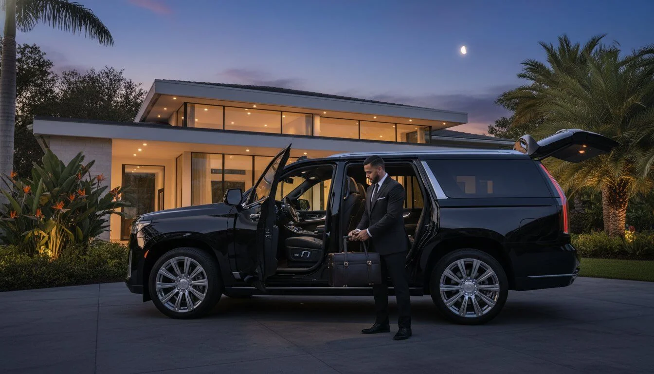 Plantation FL car service with professional chauffeur and luxury SUV at a residence