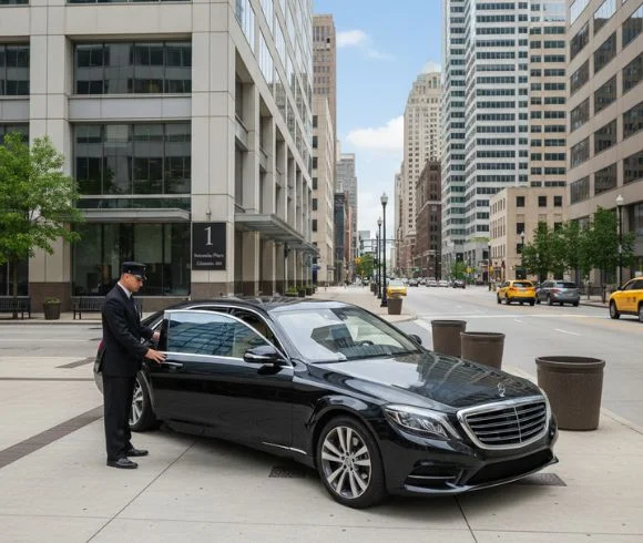 Luxury Tour Transportation with professional chauffeur and sleek black car in the city