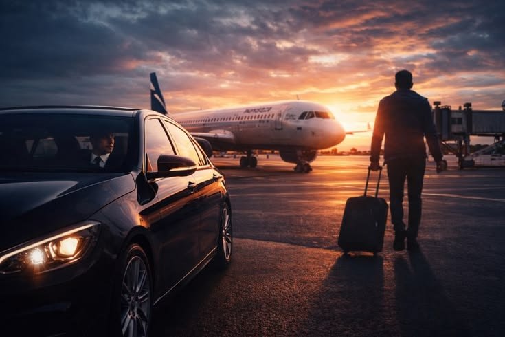 Boca Raton Airport Limo Service with passenger and luxury car at sunset