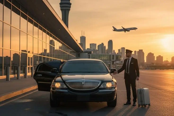 Limo Service South Florida with professional chauffeur, luggage, and luxury car at airport terminal