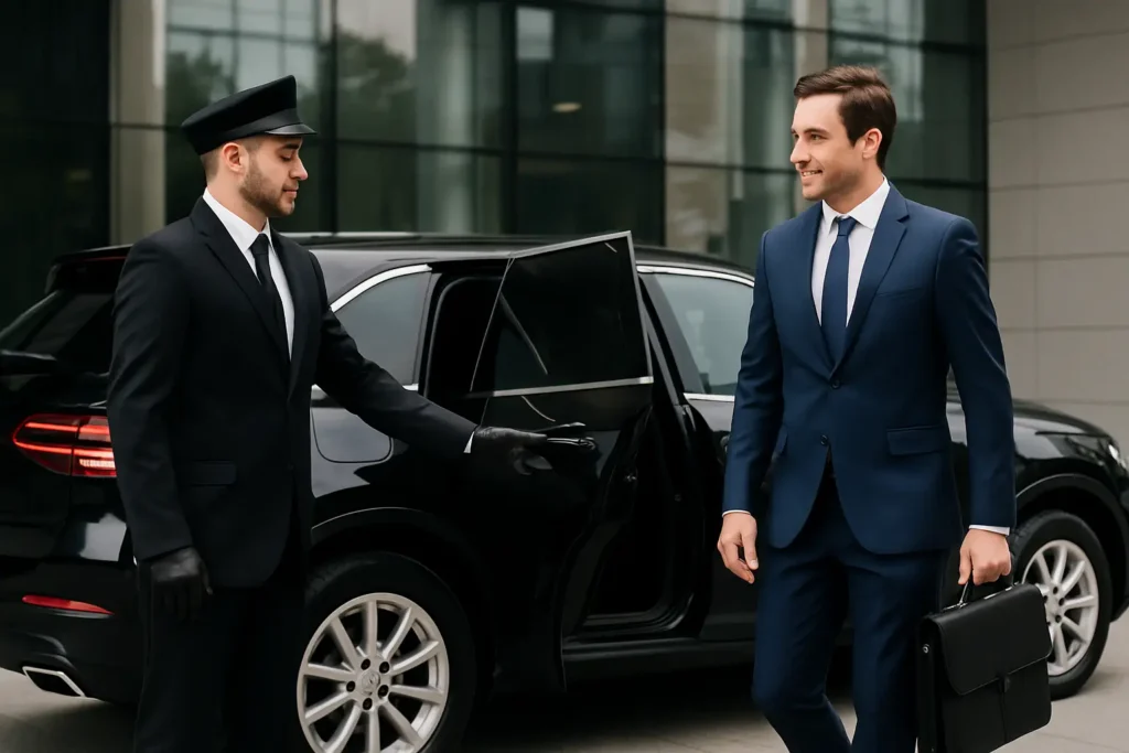 Point to Point car service with professional chauffeur opening luxury SUV door for business client