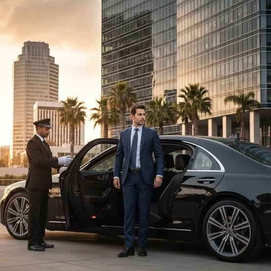 Port Everglades limo service with professional chauffeur and luxury sedan by modern buildings