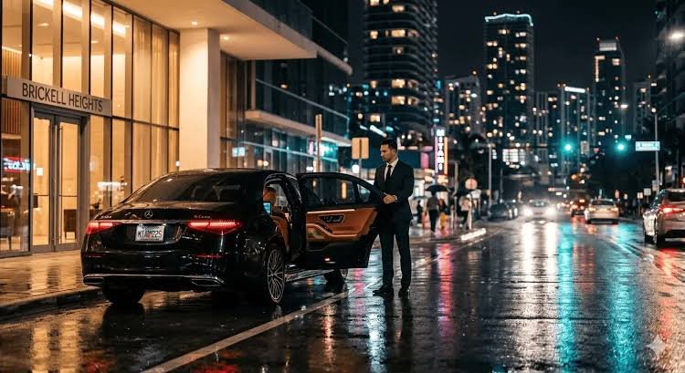 Night out limo service with professional chauffeur and luxury vehicle on a lit city street at night