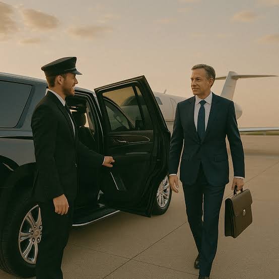 Corporate car service with executive businessman and chauffeur at the airport